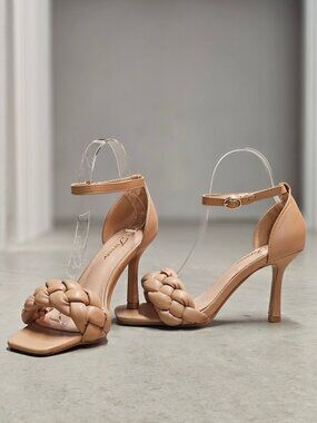 Braided Strap Nude Heels With Adjustable Ankle Strap & Square Toe Design - Styli
